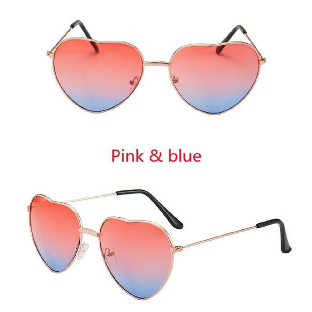 TEMP OUT OF STOCK Heart Shaped UV400 Blue & Pink Sunglasses Gold Metal Rim - Picture 14 of 14